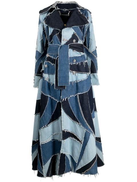 PHILIPP PLEIN denim-patchwork double-breasted coat