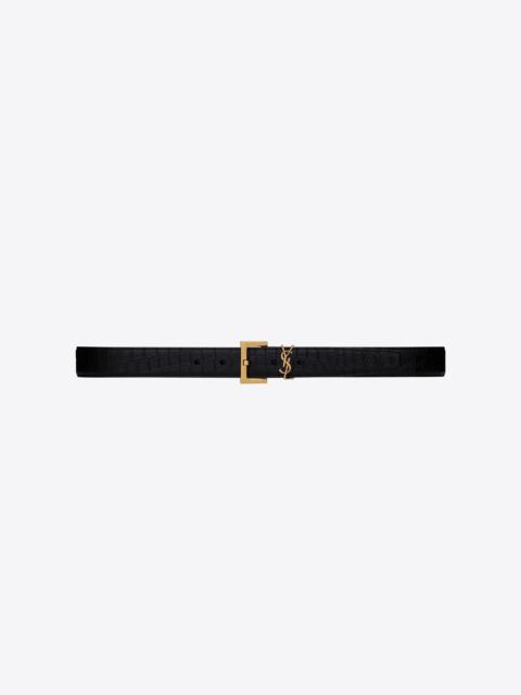 SAINT LAURENT cassandre belt with square buckle in crocodile-embossed leather