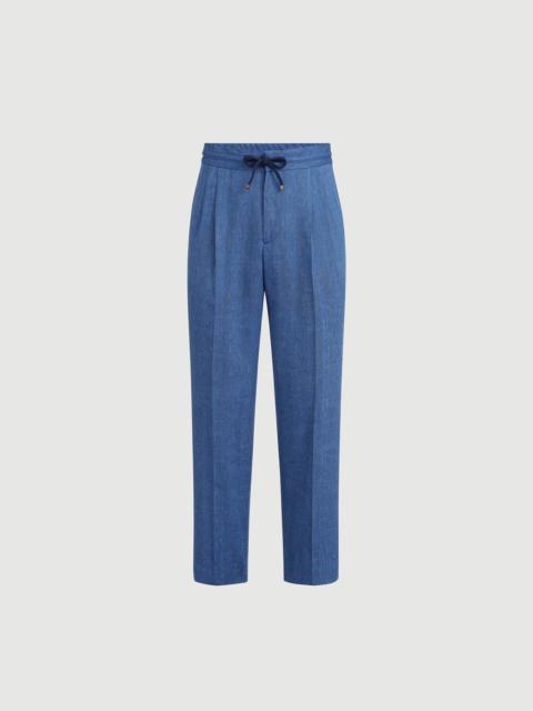 Brunello Cucinelli Linen and virgin wool chevron trousers with drawstring and double pleats