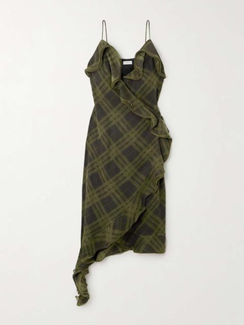 Burberry Asymmetric ruffled checked silk-crepe dress Green
