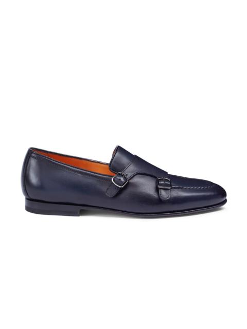 Santoni Men's polished blue leather double-buckle loafer