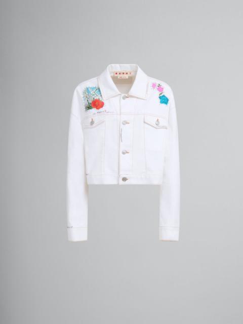 WHITE DENIM JACKET WITH FLOWER PATCHES