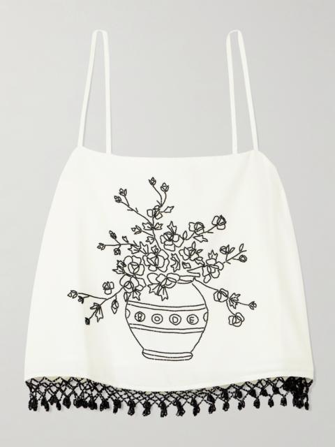 BODE Rosebloom Cropped Bead-embellished Fringed Cotton And Silk-blend Top
