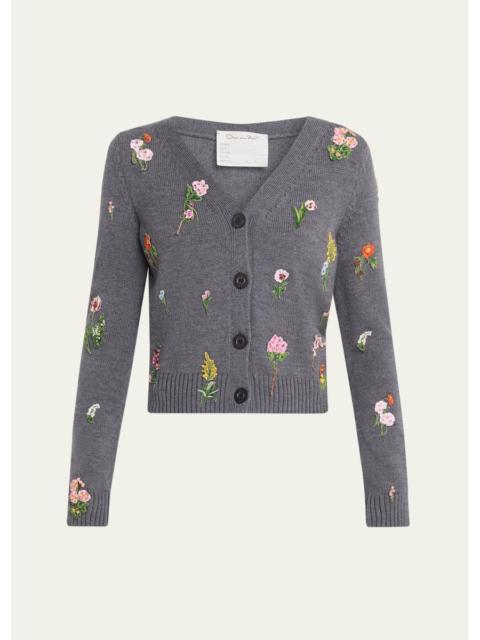 Oscar de la Renta Embroidered Wool Mini V-Neck Cardigan
