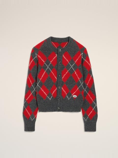 AMI Paris GREY WOOL CARDIGAN IN RED ARGYLE