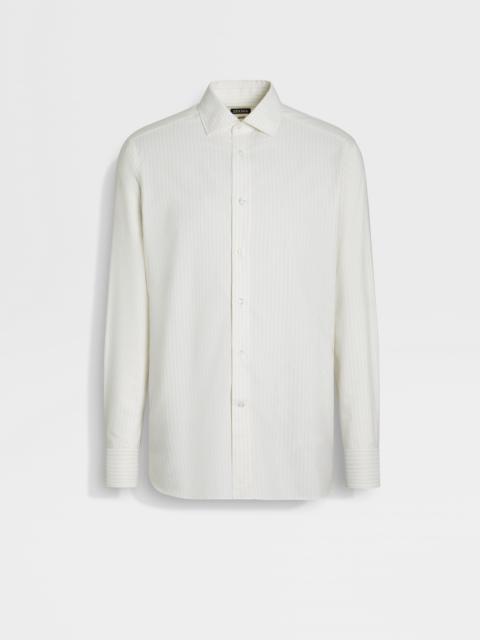 WHITE AND LIGHT BEIGE MACRO-STRIPED SILK COTTON AND CASHMERE SHIRT