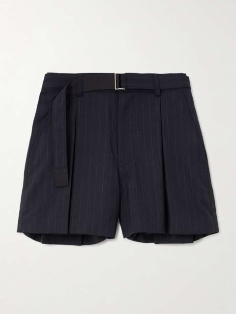 Pleated pinstriped woven shorts