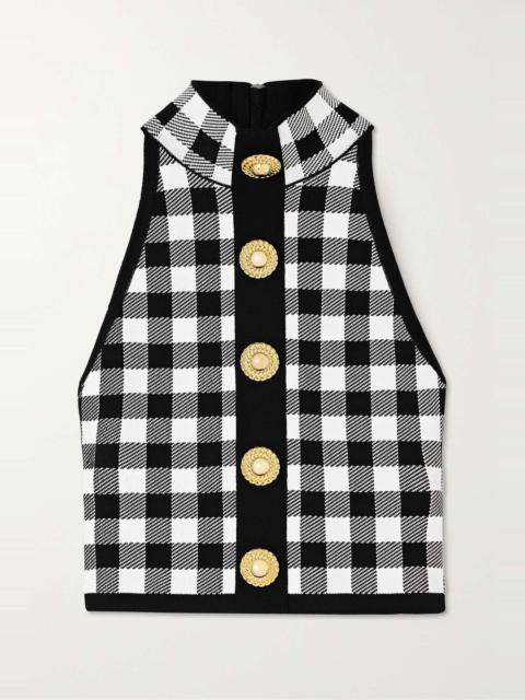 Balmain Cropped button-embellished gingham knitted top
