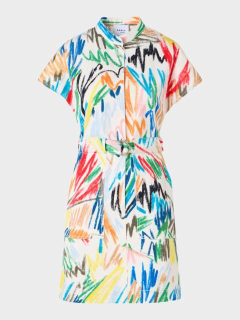 AKRIS Scribble Denim Cap-Sleeve Belted Mini Shirtdress