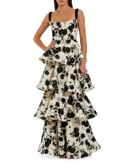 MAC DUGGAL Women's Floral Bouclé Tiered Gown - Black Ivory