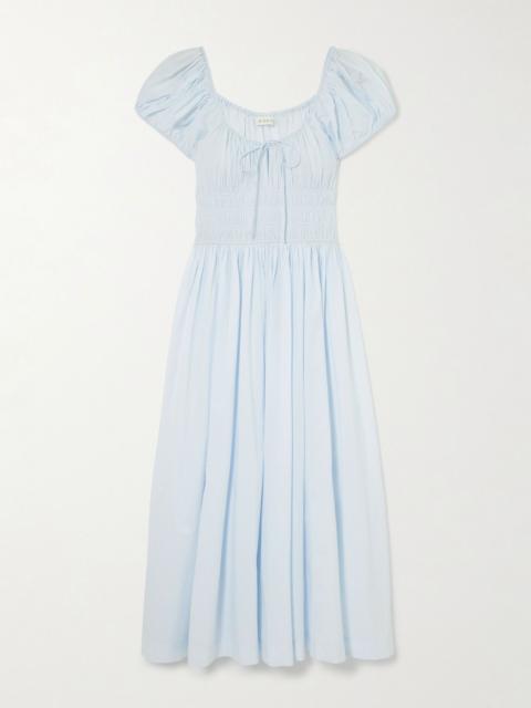 DÔEN Quinn tie-detailed shirred organic cotton-poplin midi dress Blue