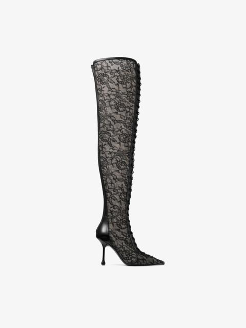 JIMMY CHOO Scarlett Over The Knee 95 Black Jimmy Choo Lace and Nappa Leather Over The Knee Boots