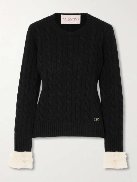 Valentino Ruffle-trimmed embellished cable-knit cashmere sweater Black