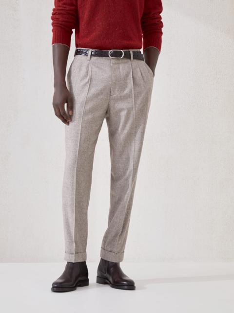 Brunello Cucinelli Silk, wool and cashmere flecked Prince of Wales flannel leisure fit trousers with double pleats