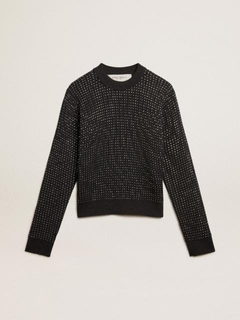 Round-neck sweater in merino wool with all-over crystals