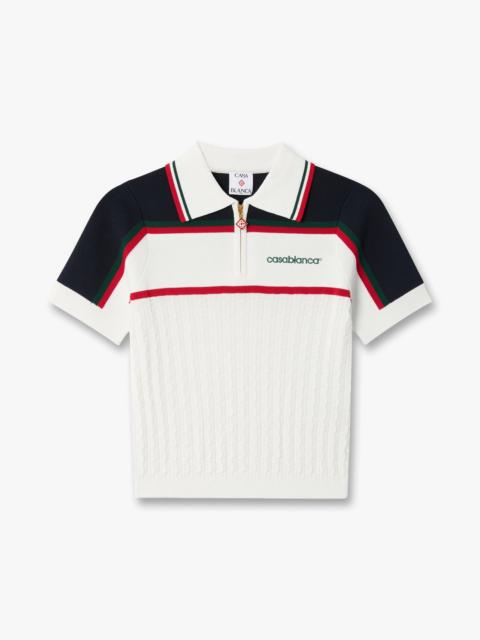 CASABLANCA Cream & Navy Knit Tennis Short Sleeve Polo Shirt