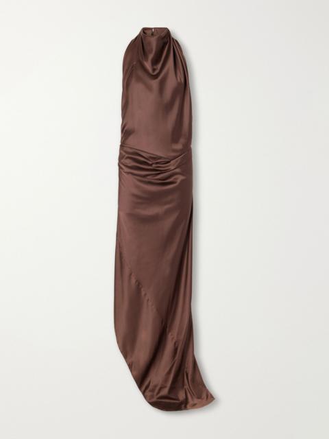 AARON ESH Open-back gathered silk-satin halterneck maxi dress Brown