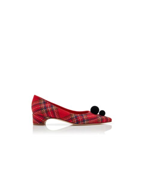 Red Wool Tartan Pom Pom Detail Pumps