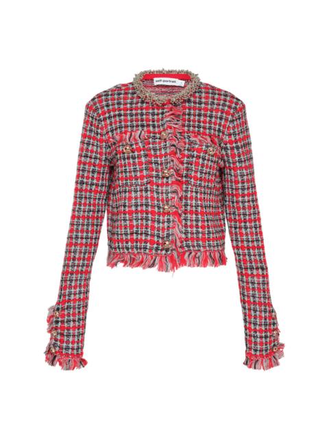 self-portrait Red Check Frayed Knit Jacket