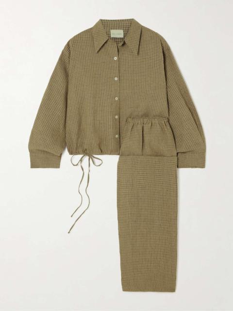 DEIJI STUDIOS Tie-detailed checked linen pajama set Brown