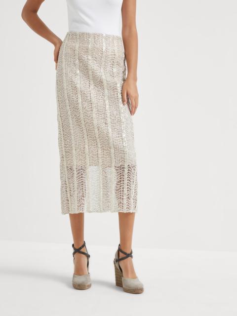Brunello Cucinelli Dazzling striped net embroidery column skirt in techno raffia