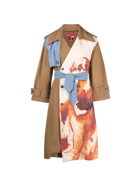 painterly-print belted canvas trench coat