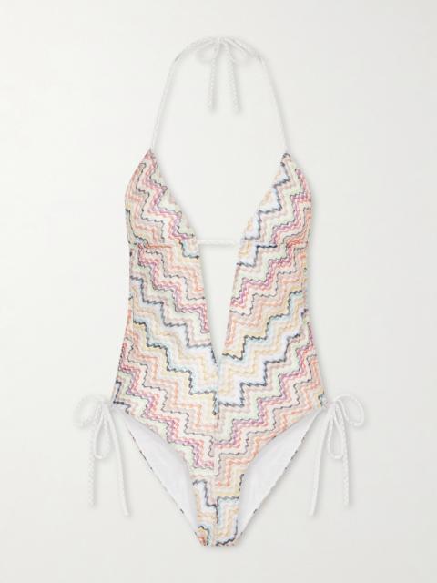Missoni Striped Crochet-knit Halterneck Swimsuit