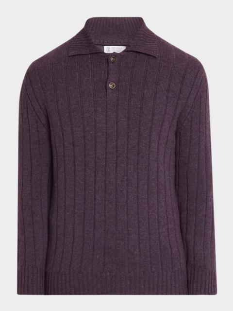 Brunello Cucinelli Men's Cashmere Rib-Knit Polo Sweater