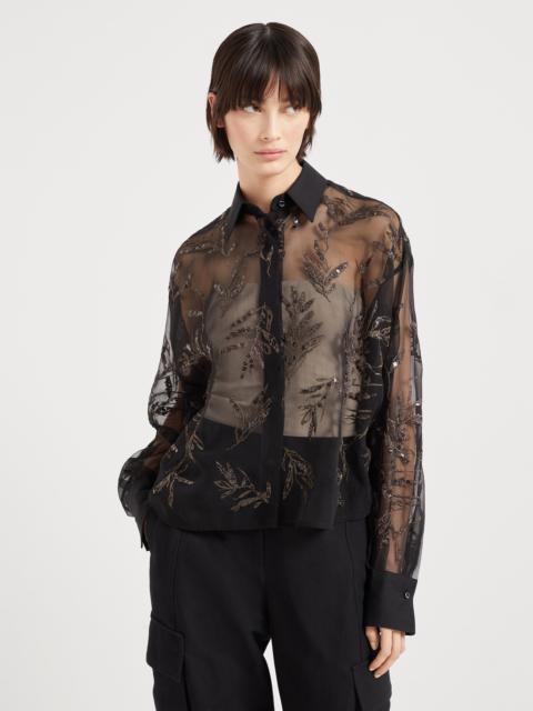 Crispy silk shirt with glistening herbarium embroidery