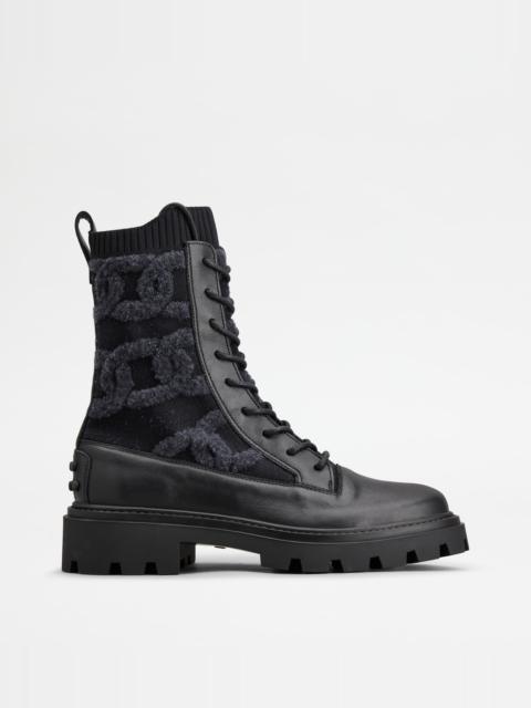 Tod's KATE COMBAT BOOTS IN FABRIC AND LEATHER - BLACK