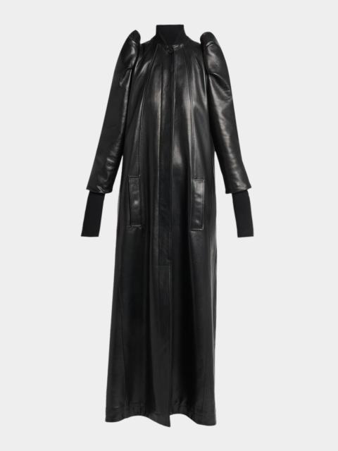 Alexander McQueen Structured Puff-Sleeve Long Leather Coat