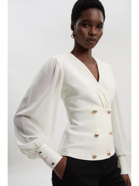 KAREN MILLEN Figure Form Woven Mix Military Button Blazer Knit Top