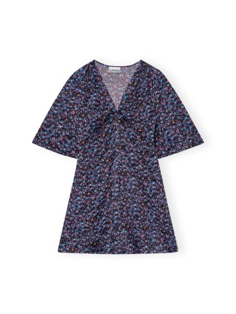 GANNI FLORAL CRINKLED SATIN V-NECK MINI DRESS