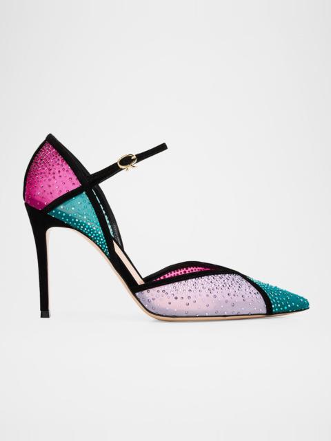 95mm Suede-Trimmed Crystal-Embellished Mesh Pumps