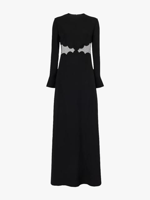 Round-neck mesh-panel slim-fit silk gown