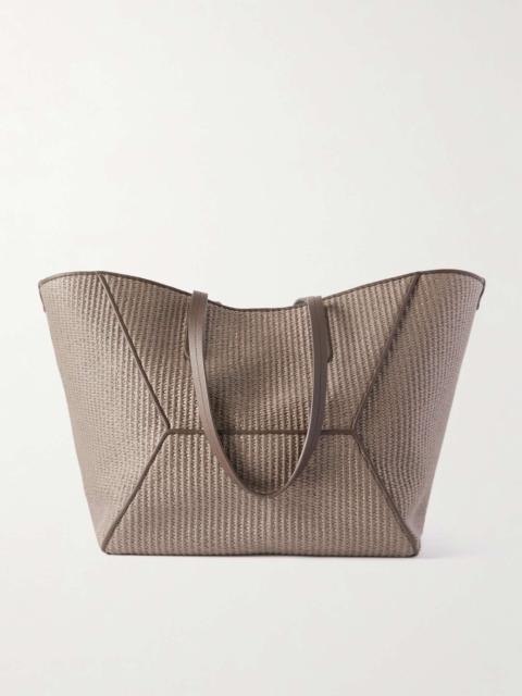 Leather-trimmed bead-embellished raffia tote