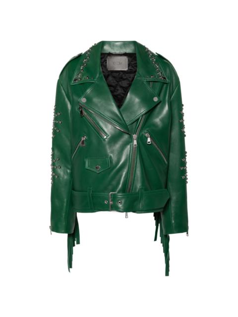 studded fringed leather biker jacket