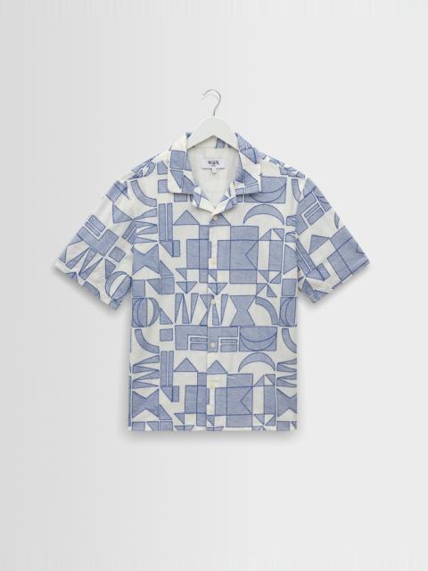 Wax London Didcot - Ecru And Blue Geometric Embroidered Short-Sleeve Shirt