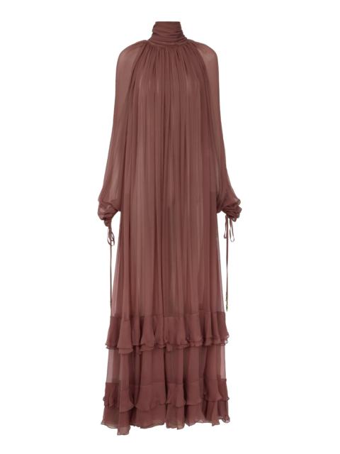 GATHERED LONG DRESS IN SILK MOUSSELINE