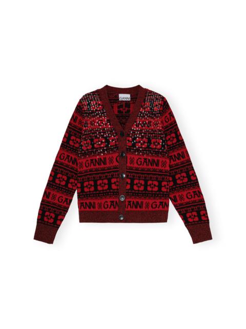 GANNI RED SEQUINS LOGO WOOL MIX CARDIGAN