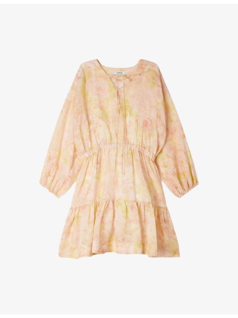 Sandro Floral-Print Lace-Up Woven Mini Dress