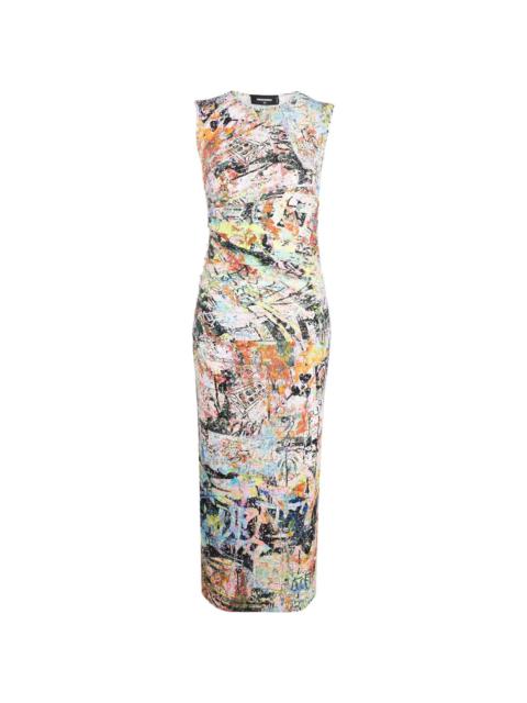 abstract-print gathered-detail midi dress