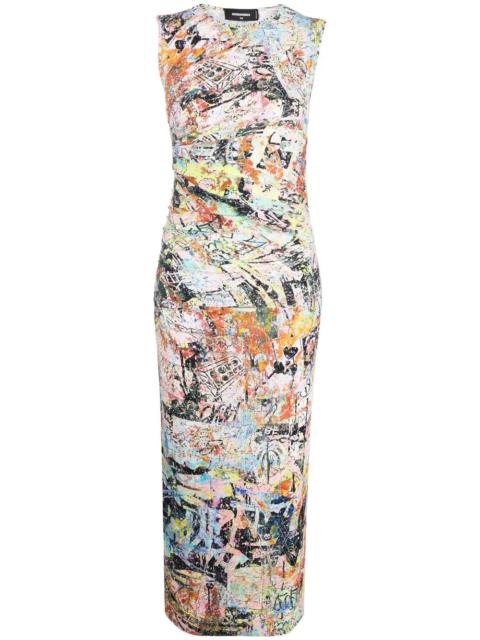 DSQUARED2 abstract-print gathered-detail midi dress