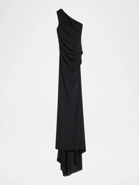 ALEX PERRY One-Shoulder Tucked Power Mesh Trumpet Gown