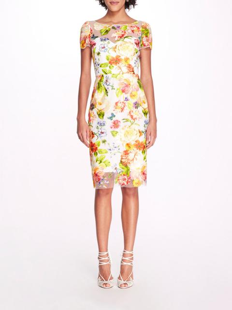 Marchesa FLORAL EMBROIDERY PENCIL DRESS