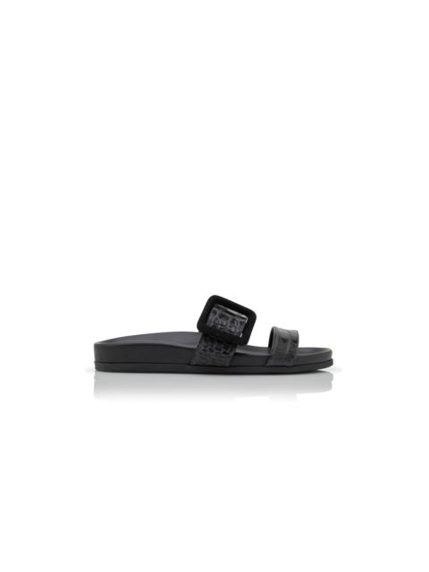 Black Calf Leather Buckle Detail Flat Mules