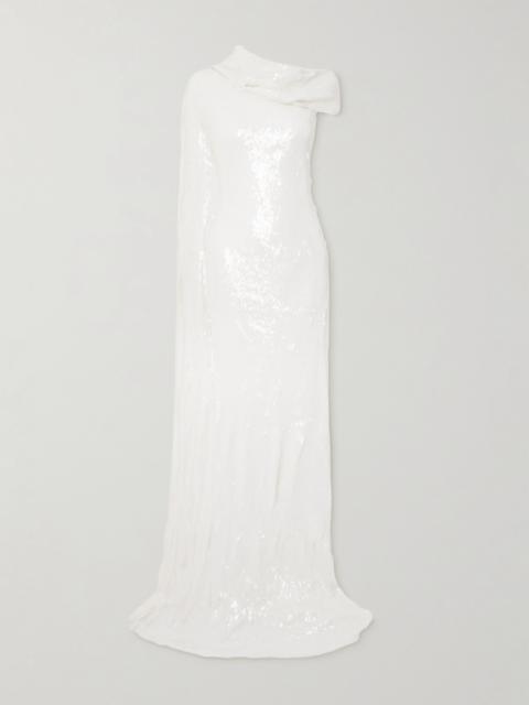 MARMAR HALIM One-shoulder cape-effect draped sequined silk-blend gown Off-white