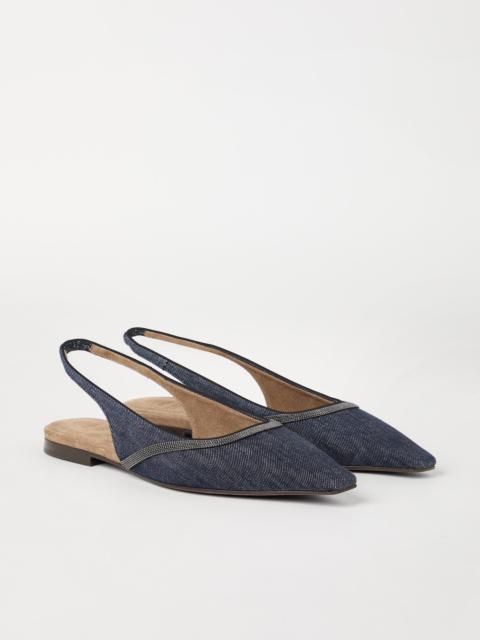 Brunello Cucinelli Cotton denim-effect twill slingback flats with shiny contour