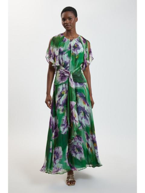 KAREN MILLEN Petite Floral Print Viscose Georgette Cape Sleeve Ruffle Woven Maxi Dress