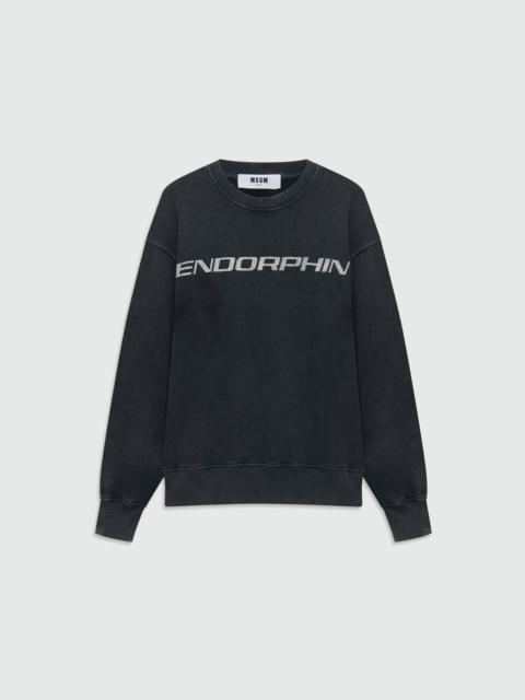 MSGM Anthracite grey long-sleeve cotton jersey T-shirt with marbled wash and front print